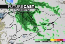 The rainfall forecast for Toronto is pictured in this radar image Thursday May 22, 2025.