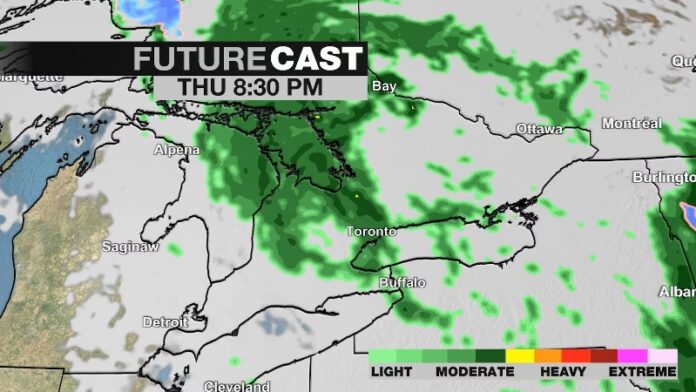 The rainfall forecast for Toronto is pictured in this radar image Thursday May 22, 2025.